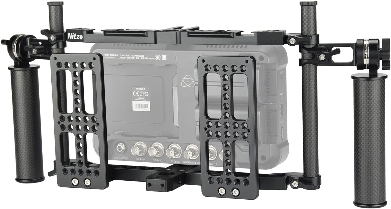 Nitze Universal Director’s Monitor Cage with Two Cheese Plates, Carbon Fiber Handles and Rods for Any Monitor up to 10"