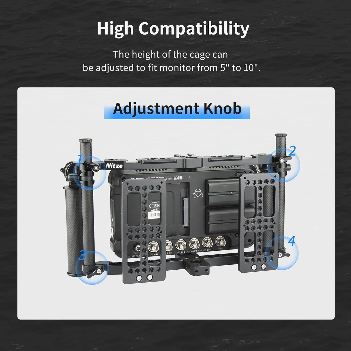 Nitze Universal Director’s Monitor Cage with Two Cheese Plates, Carbon Fiber Handles and Rods for Any Monitor up to 10"