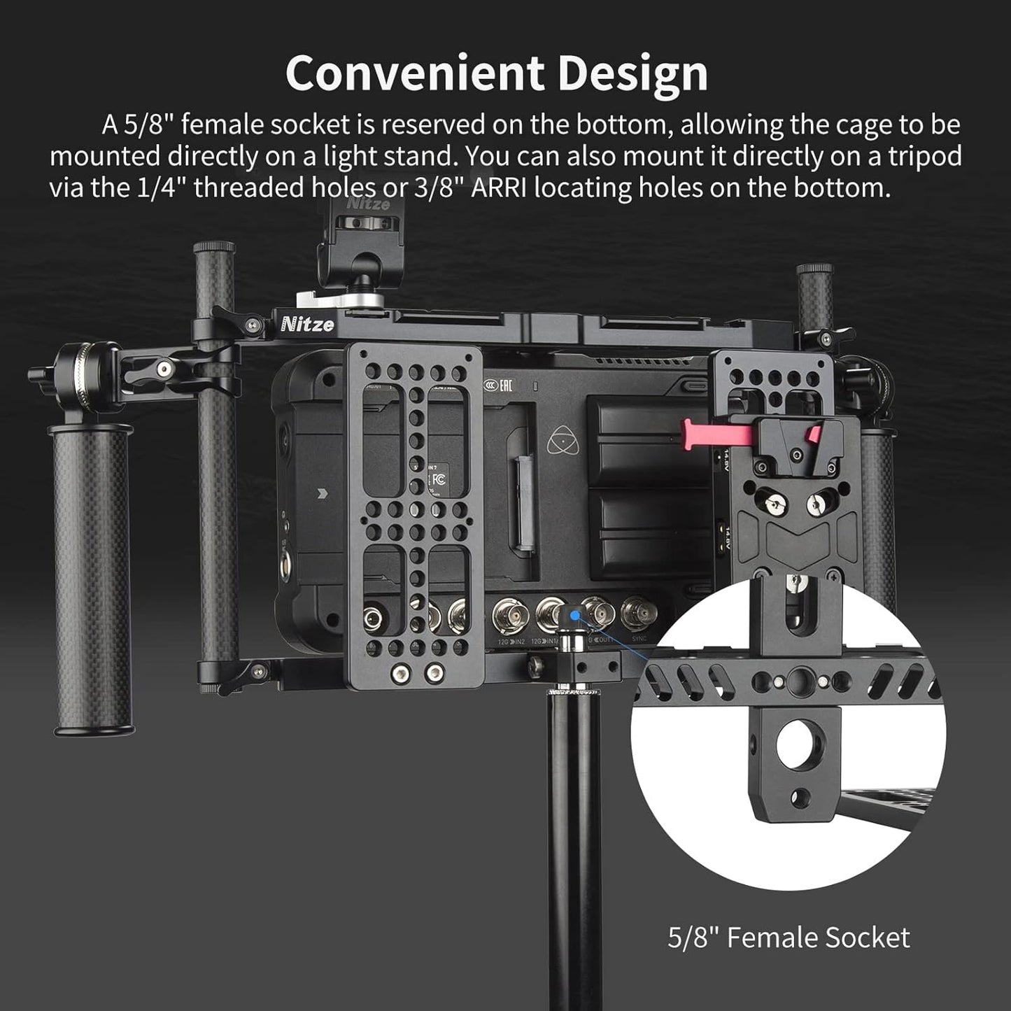 Nitze Universal Director’s Monitor Cage with Two Cheese Plates, Carbon Fiber Handles and Rods for Any Monitor up to 10"