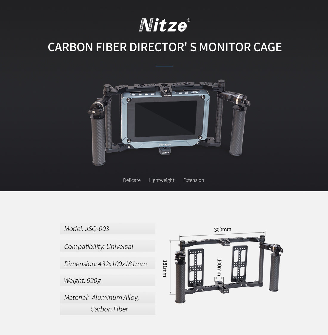 Nitze Universal Director’s Monitor Cage with Two Cheese Plates, Carbon Fiber Handles and Rods for Any Monitor up to 10"